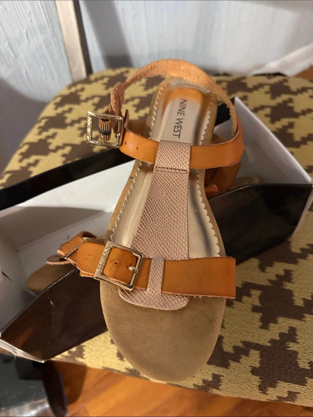 Nine West Cognac Brown Leather Buckle T-Strap Sandals